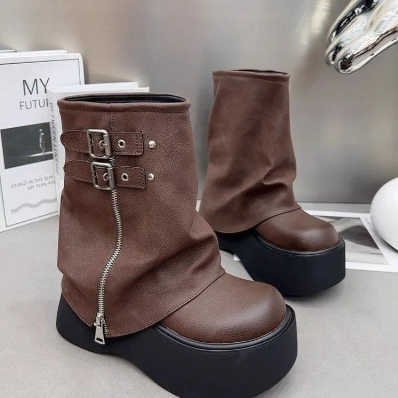Image of Stylish Women's Knee-High Platform Boots with Belt Buckle Design, Round Toe, Side Zipper Slip-On Knight Boots in Black and Brown