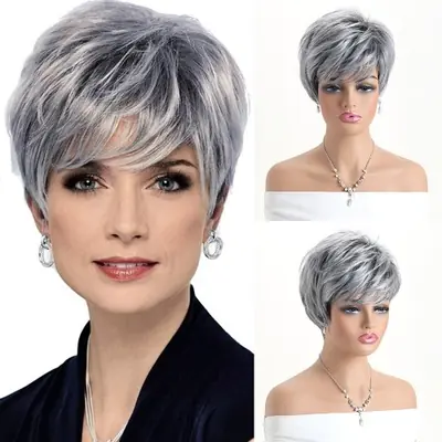 Image de Perruque Courte Gris Ombré Bouclée - Style Naturel & Doux