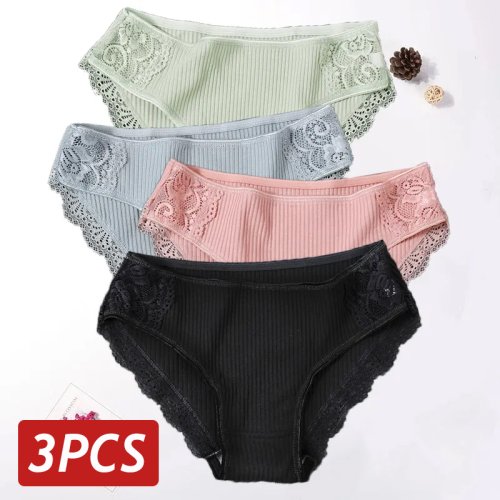 Image of Soft Floral Lace Cotton Women's Underwear Briefs – Comfortable Solid Color Panties Set for Everyday Wear, Size M, XXL, 3-Pack