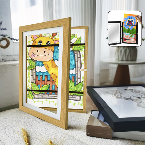 Image of Magnetic Wood Flap Art Frame A4 Picture Display – DIY Kids Painting Showcase & Home Wall Decor Storage Rack