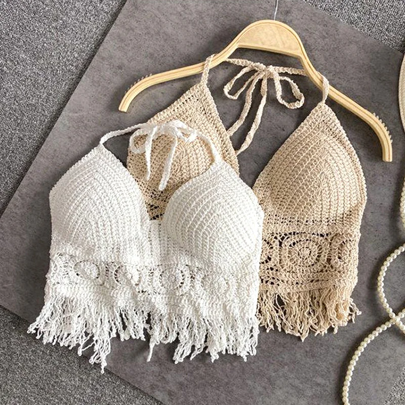 Zdjęcie Seksowna Boho Wakacyjna Koszulka na Ramionkę z Dzianiny Szydełkowej – Strój Kąpielowy z Biustonosem i Kamizelką Bez Pleców z Frędzlami dla Kobiet