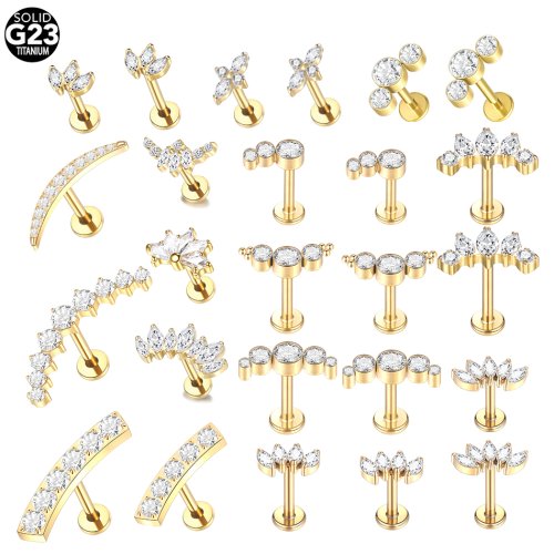 Immagine di Piercing Labret in Titanio con Zircone Cubico Oro per Labbra, Cartilagine, Helix, Lobe e Conch - Orecchino a Vite Prigioniera 16G