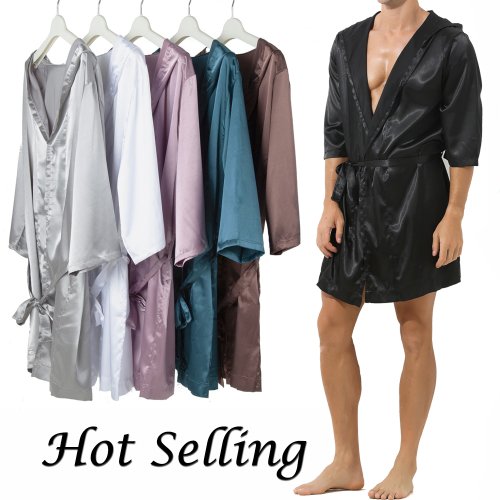 Bild von Männer Bademantel mit Kapuze – Kurzarm Satin Robe