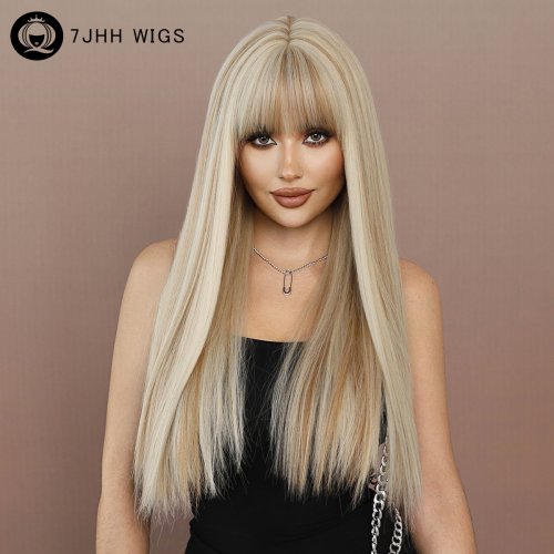 Bild von Lange, gerade hellblonde Perücke aus synthetischem Haar mit Pony – stilvolle, geschichtete Damenperücke für Alltag, Party, Halloween und Cosplay