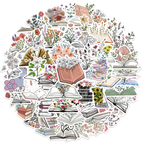 Bild von 50 Stück Packung Cartoon-Blume im Buch Aufkleber aus Vinyl, wasserfest – Ideal für Wasserflaschen, Laptops, Scrapbooking, Gepäck, Gitarren und Skateboards