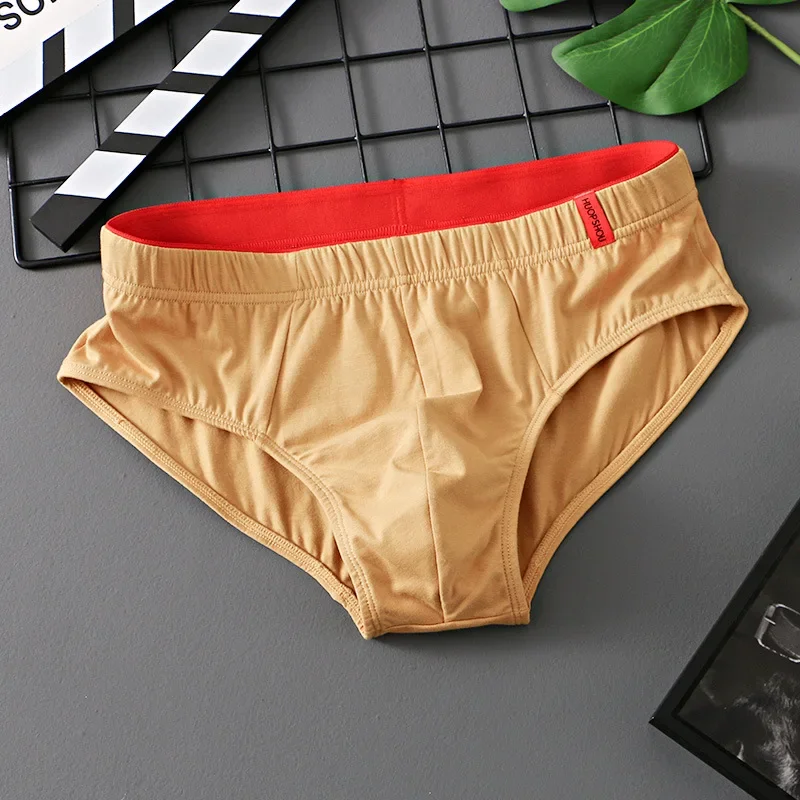Afbeelding van Effen katoenen slips Heren convex zakje slipje Jeugdmode Lingerie Laagbouw Ademend Comfortabel herenondergoed Effen kleur