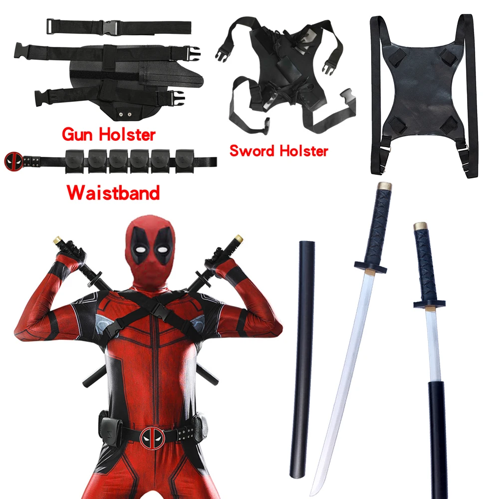 Zdjęcie Kompletny Kostium Deadpool z Mieczami, Kaburą i Plecakiem – Idealny Strój Cosplay dla Superbohatera na Karnawał i Imprezy Tematyczne