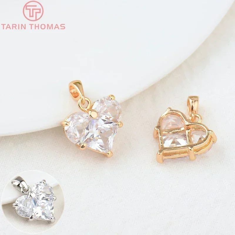 Immagine di Pendenti Cuore in Ottone con Zircone, Finitura Oro 24K, 14x14 mm, Foro 2.5 mm, Confezione da 4 Pezzi – Gioielli di Alta Qualità per Accessori Personalizzati