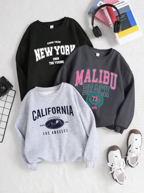 Bild von Weiche Damen-Hoodie mit New York, California und Malibu Print – Warme Fleece-Sweatshirt Jacke im Casual-Look für den Winter