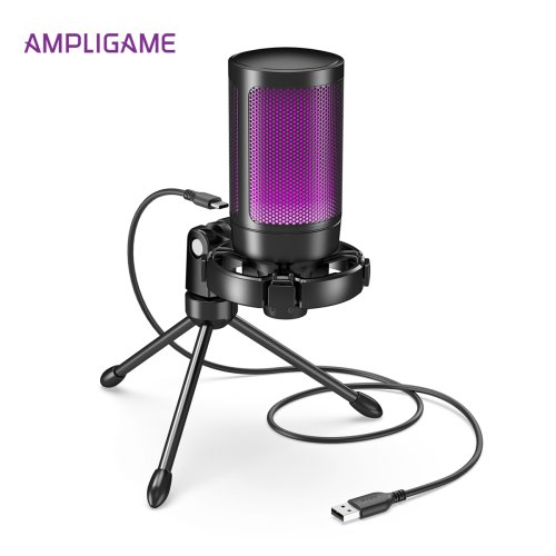 Zdjęcie Mikrofon gamingowy AmpliGame firmy FIFINE RGB USB z funkcją wyciszania na dotyk, mikrofon pojemnościowy ze statywem do PC, PS4/5, laptopa Streaming-A2