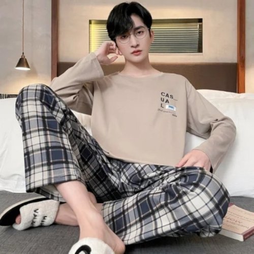 Image of Comfortable Plus Size Men's Two-Piece Pajama Set with Long Sleeve and Long Pants – Loose Fit Cartoon Print Sleepwear for Students and Casual Lounging