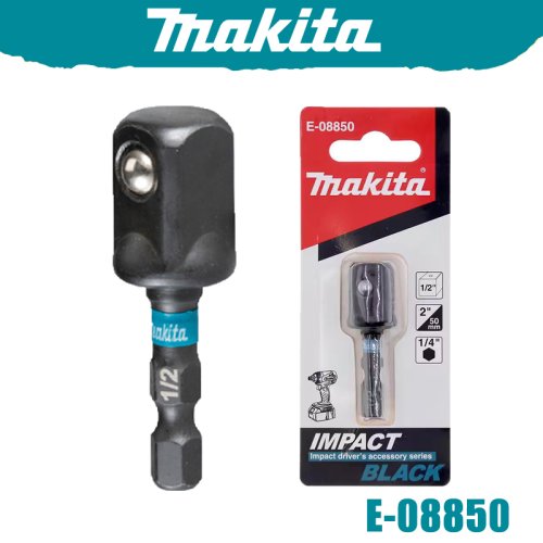 Imagen de Adaptador de Enchufe Negro para Taladro de Impacto Makita E08850 - Conexión 1/2 x 50mm y Vástago Hexagonal 1/4, Accesorio Ideal para Herramientas de Alto Par