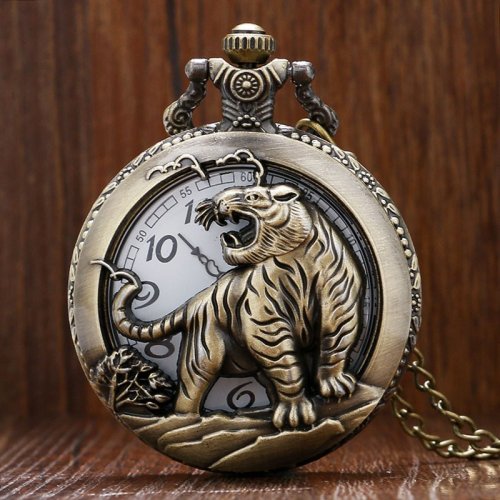 Bild von Bronze Tiger Taschenuhr mit Halskette – Elegantes Geschenk für Damen und Herren