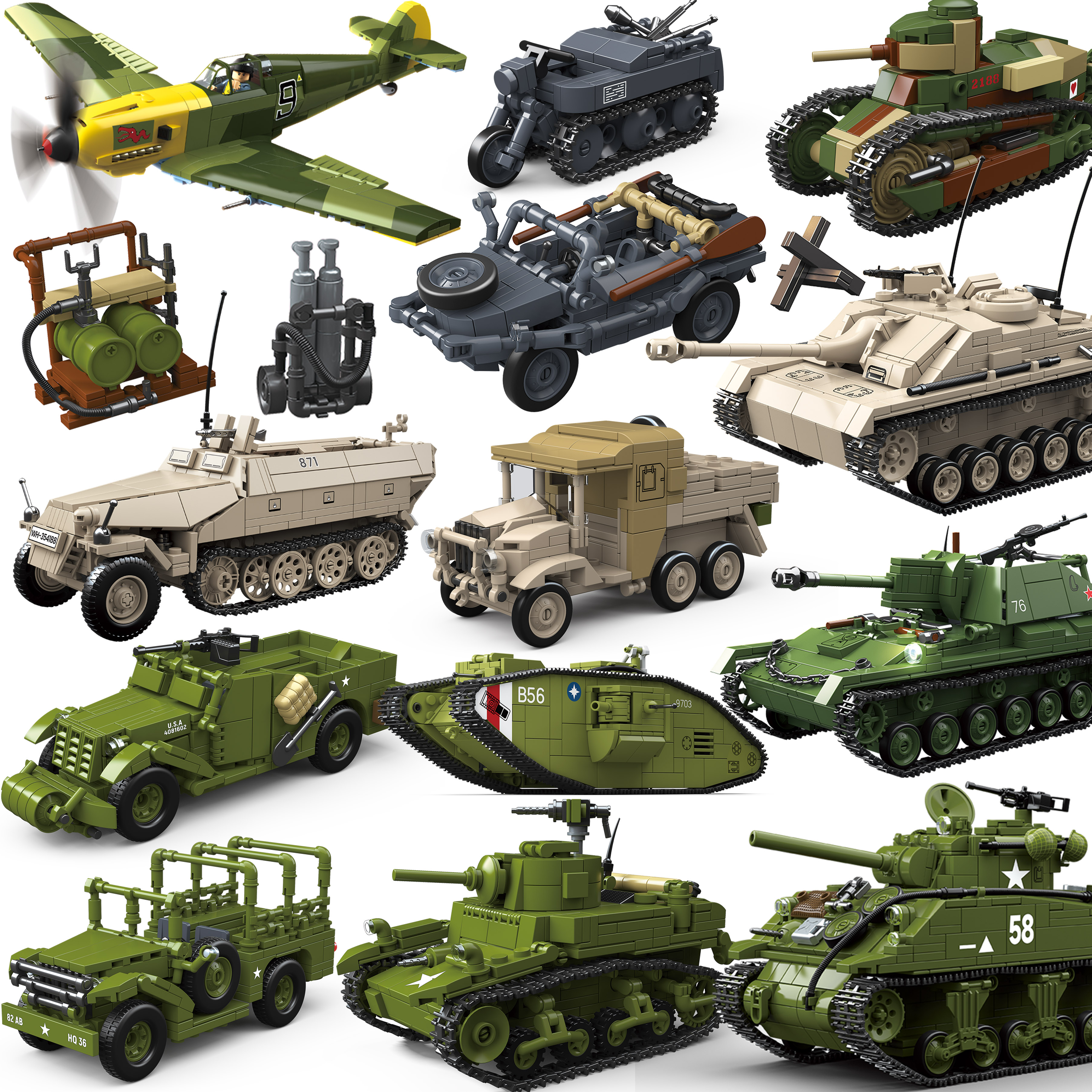 Immagine di Carro armati militari Stuart SdKfz251 PanzerVI Sherman US Army Quan Guan WW2 Soldato Figura Modello ...