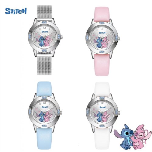 Afbeelding van Disney Stitch meisjeshorloges diamant quartz horloge voor vrouwen Stich cartoon lederen horloges mode stalen riem horloge cadeau