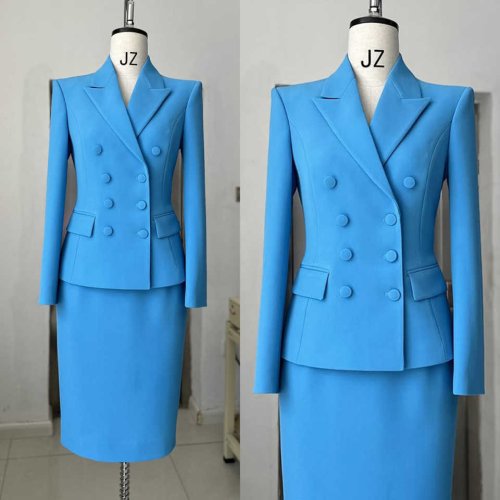 Image of Elegant Vintage Double-Breasted Women's Suit Set with Long Sleeve Blazer and Tea-Length Skirt – Custom-Made Formal Office Wear for Professional and Special Occasions