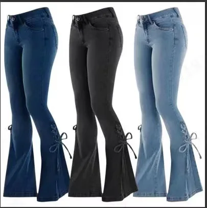 Bild von Vintage Jeanshose für Damen mit Schnürung, Stretch, mittlerer Taille, dünn, distressed gewaschen – Streetwear Look 2025