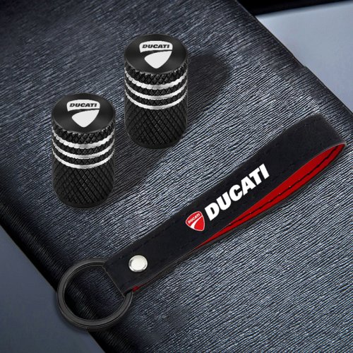 Image de Bouchons de Valve Moto en Aluminium + Porte-Clés Cuir - Ducati Panigale, Diavel, V4, V2, Scrambler