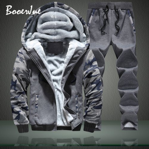 Image of Men's Winter Tracksuit Set with Thick Fleece Hoodie and Matching Pants – Zip-Up Hooded Sweatshirt Sportswear for Cold Weather