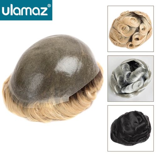 Image of Natural Full Poly PU Toupee with Knotted Skin Base – Ombre Platinum Human Hair Prosthesis for Men