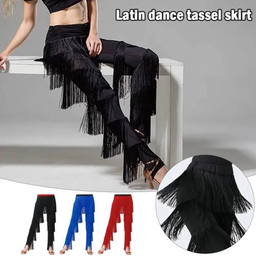 Afbeelding van Elastische Latindansbroek voor Dames met Franjes en Kwastjes – Gelaagde Tango & Cha-Cha Danskleding voor Prestatieoptredens