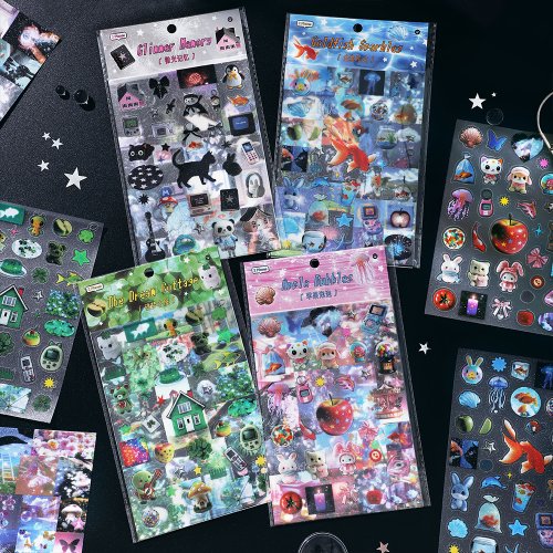 Image of Kawaii Japanese-Style Sparkling Sand Die-Cut PET Stickers for Junk Journal, Scrapbooking, and DIY Crafts – 2 Sheets of Adorable Decorative Elements
