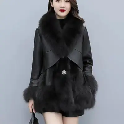 Image de Veste en cuir PU mi-longue avec fausse fourrure de renard - Chic & Chaud