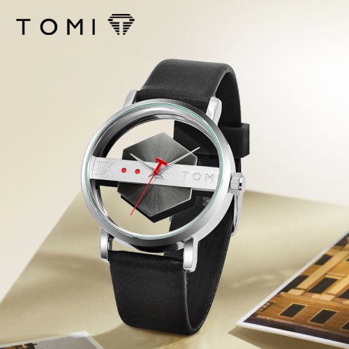Image of Minimalist Men's Leather Watch with Personalized Hollow Glass Bottom Cover and Quartz Movement