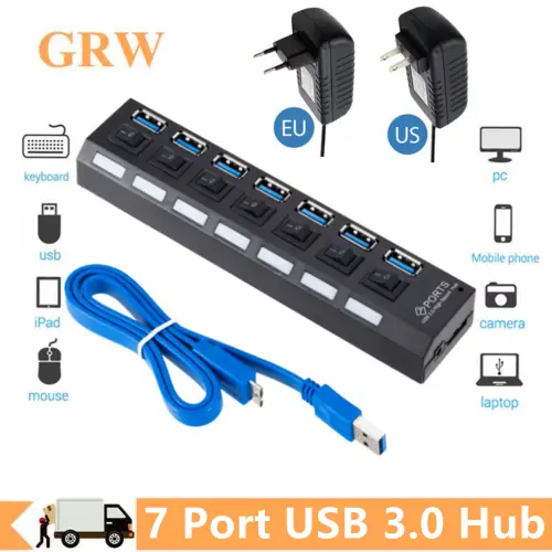 Image de Hub USB 3.0 7 Ports avec Alimentation - Connectivité Rapide pour PC