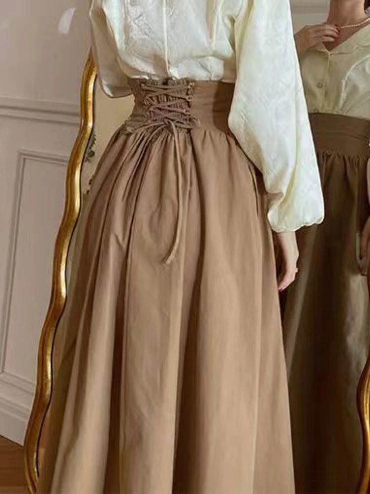 Zdjęcie Zimowa ciemnobrązowa spódnica Vintage damska kieszonkowa spódnica elegancka, długa w stylu Harajuku kobieca koreańska projektantka mody Y2k spódnice na co dzień 2023