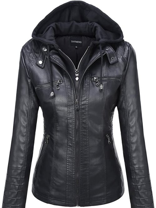 Immagine di Giacca in pelle con cappuccio Set da due pezzi Giacca in pelle rimovibile di grandi dimensioni per donna Capispalla primavera autunno Donna Pelle lavata in PU