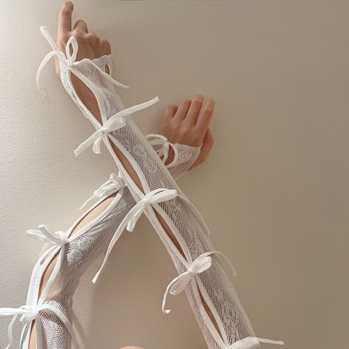 Immagine di Guanti Senza Dita Y2K con Maniche a Scialle in Pizzo Scavato, Fiocco Lolita, Manicotto Elastico per Braccio – Protezione Solare e Stile Punk per Balletto e Fashion