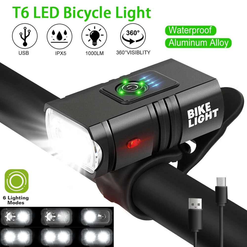 Imagen de Luz delantera para bicicleta, pantalla de alimentación recargable por USB, luz Led para bicicleta, resistente al agua,