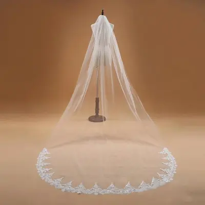 Image de Voile de Mariée Long Blanc Ivoire avec Dentelle - Style Cathédrale