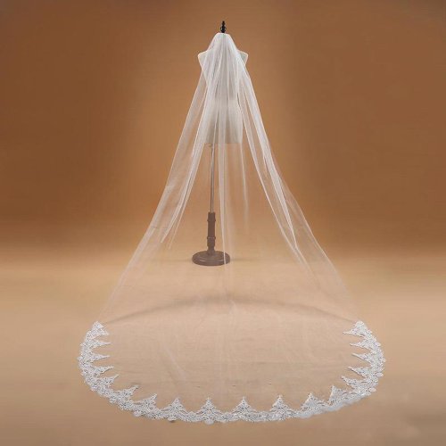 Image de Voile de Mariée Long Blanc Ivoire avec Dentelle - Style Cathédrale