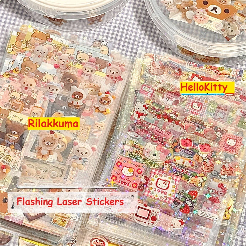 Pegatinas de Dibujos Animados Hello Kitty y Rilakkuma: 5 Hojas Troqueladas con Efecto Láser para Manualidades DIY y Decoración Infantil