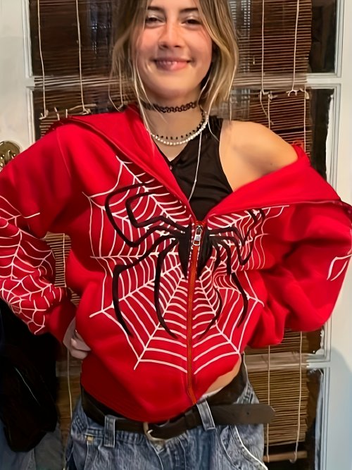 Imagen de Suéter cruzado con cremallera de diseño de telaraña para mujer, sudadera con capucha informal de moda, abrigo americano de lana para primavera y otoño 2024