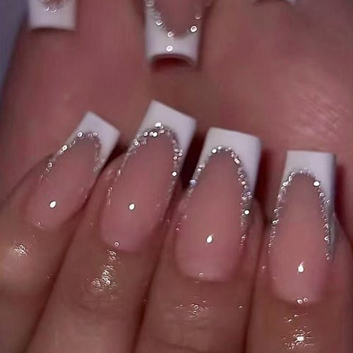 Imagen de Uñas Postizas Cuadradas Cortas con Efecto Francés y Purpurina - Cubierta Completa Acrílica para Mujer