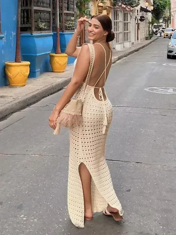 Immagine di Abito Estivo Maxi da Donna in Tessuto Nappa con Taglio Sexy, Cinturino a Spaghetti, Aderente e Rinforzato per Spiaggia, Vacanze, Club e Feste – Cover Up Elegante e Seducente