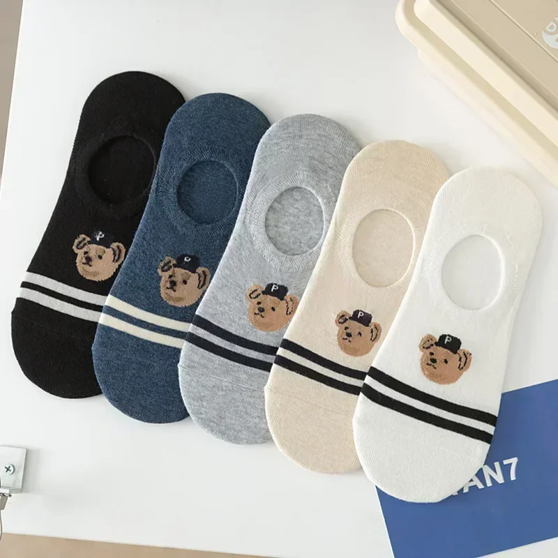 Afbeelding van 5 Paar Heren Bootsocks met Antislip Zool van Transparante Siliconen - Katoenen Enkelslippers met Cartoon Beer Motief voor Zomer en Herfst