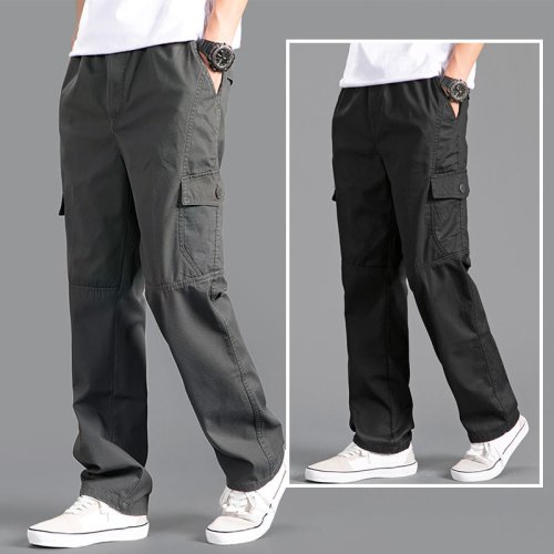 Bild von Neue Cargo Hosen männer Lose Gerade Oversize Kleidung Solide Grau Vielseitige Arbeit Tragen Schwarz Jogger Baumwolle Casual Männliche Hosen
