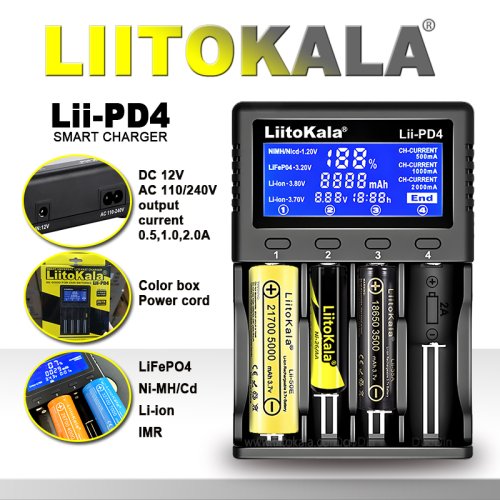 Image of Liitokala Lii PD4 PD2 AC PD Charger with LCD Display - Fast Charging 4-Bay Battery Charger for 21700, 18650, AA, AAA Batteries with Multi-Protection and Auto-Detect Technology