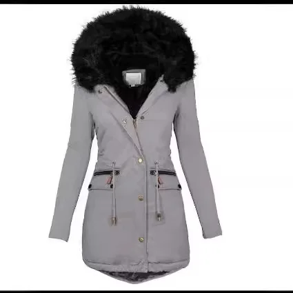 Imagen de Color sólido Cuello de piel con capucha nueva delgada ropa de mujer chaqueta con cremallera abrigo Parka Otoño Invierno