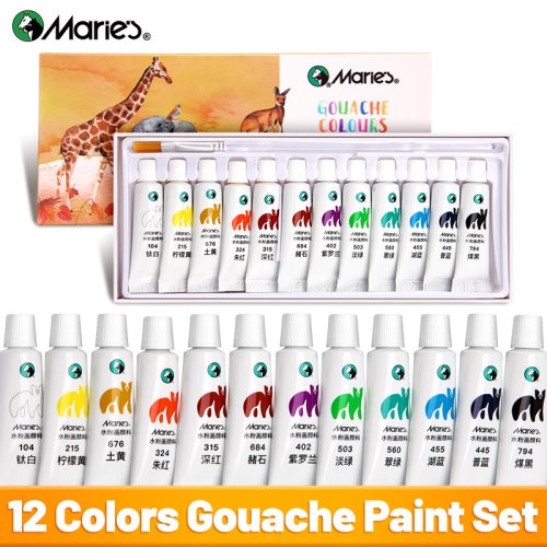 Immagine di Set di Colori a Guazzo da 12 Colori Marie con Pennello Incluso – Acquerelli da 5 ml Ciascuno per Pittura su Tela, Ideale per Hobbisti Adulti e Artisti Amatoriali