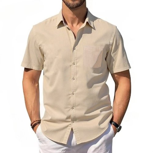 Immagine di Camicia Estiva Uomo in Cotone e Lino con Maniche Corte, Collo a Risvolto, Stile Hawaiano Leggero e Casual per Vacanze e Occasioni Informali