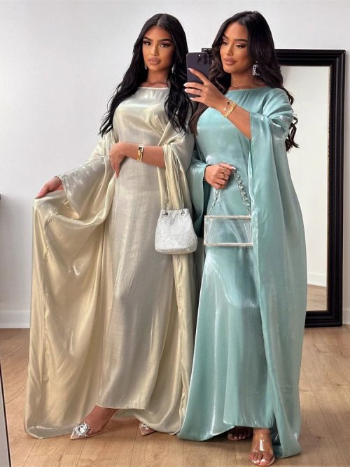 Afbeelding van Elegante Satijnen Abaya met Batwing Mouwen – Islamitische Maxi Jurk voor Vrouwen in Ramadan en Zomer