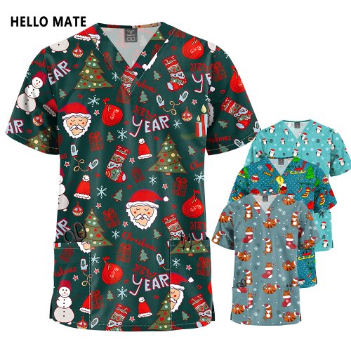 Afbeelding van Nieuwe Kerst Afdrukken Medische Uniform met Stretch, V-Hals en Zakken – Chirurgische Uniformen voor Vrouwen en Mannen, Tandarts Uniform Korte Mouwen Top