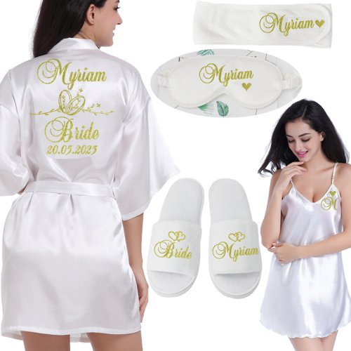 Imagen de Albornoz con logotipo personalizado para boda, bata de novia de seda sintética con nombre y fecha, batas de boda para dama de honor, ropa de despedida de soltera para mujer