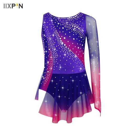 Imagen de Vestido de Leotardo Asimétrico para Gimnasia Rítmica y Patinaje Artístico con Diamantes de Imitación Brillantes para Niñas