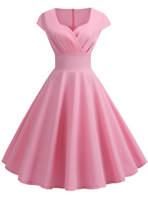 Immagine di Abito Estivo Rosa Donna con Scollo a V: Elegante Abito Vintage Longuette da Ufficio Stile Retro Pin Up